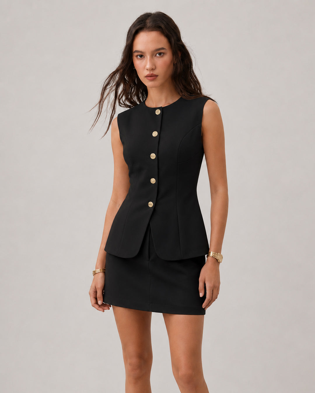 Button Down Vest Top and Mini Skirt Co-Ord Set in Classic Black