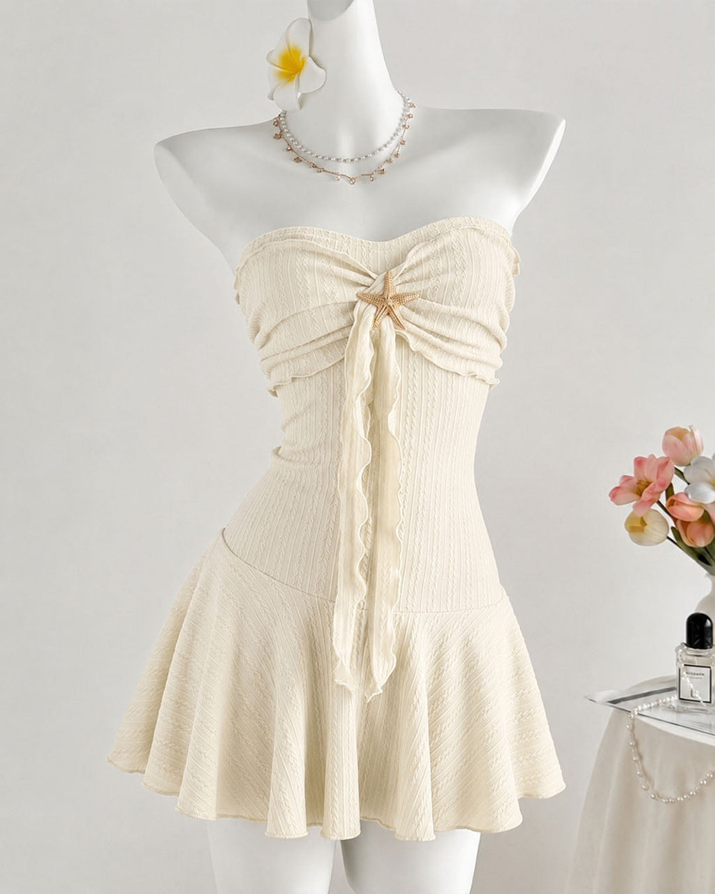 Starfish Detail Ruched Strapless Mini Dress in Cream