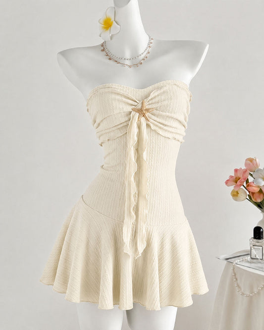 Bonus Cloth's Starfish Detail Ruched Strapless Mini Dress in Cream