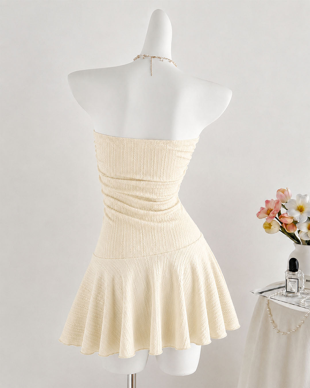 Starfish Detail Ruched Strapless Mini Dress in Cream