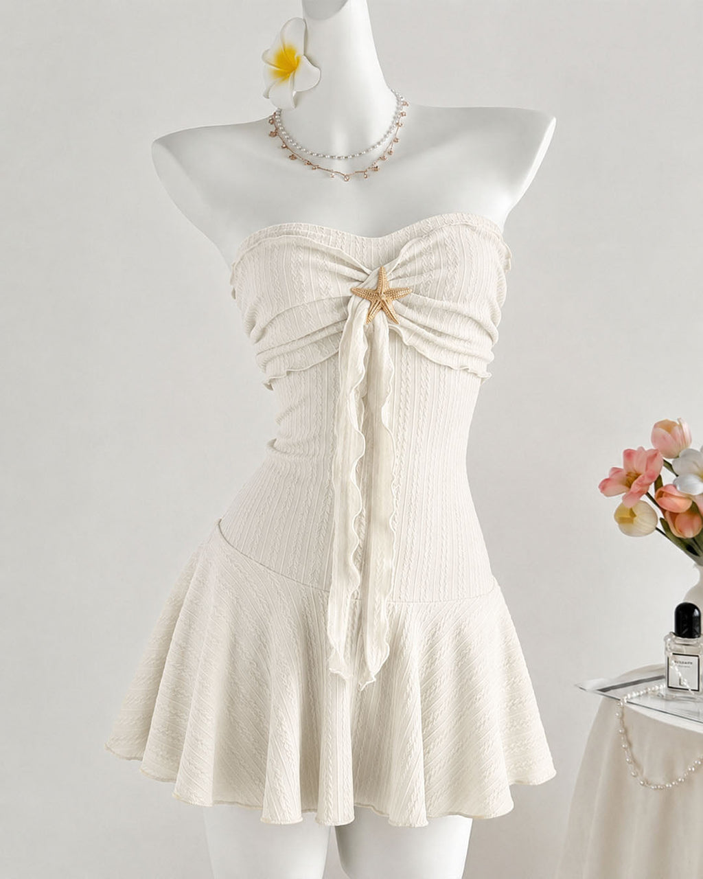 Starfish Detail Ruched Strapless Mini Dress in Pearl White