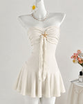 Starfish Detail Ruched Strapless Mini Dress in Pearl White