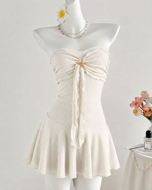Bonus Cloth's Starfish Detail Ruched Strapless Mini Dress in Pearl White