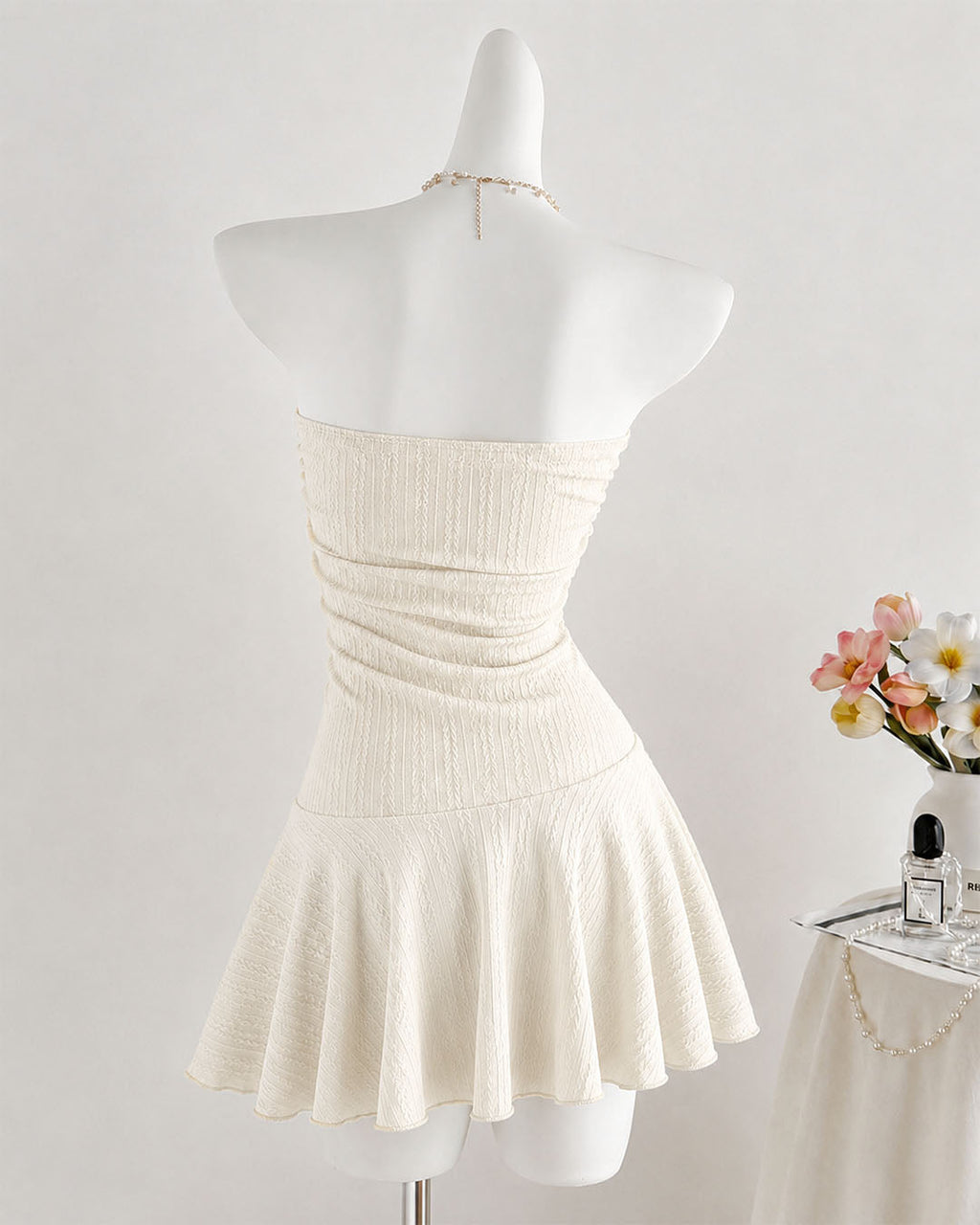 Starfish Detail Ruched Strapless Mini Dress in Pearl White