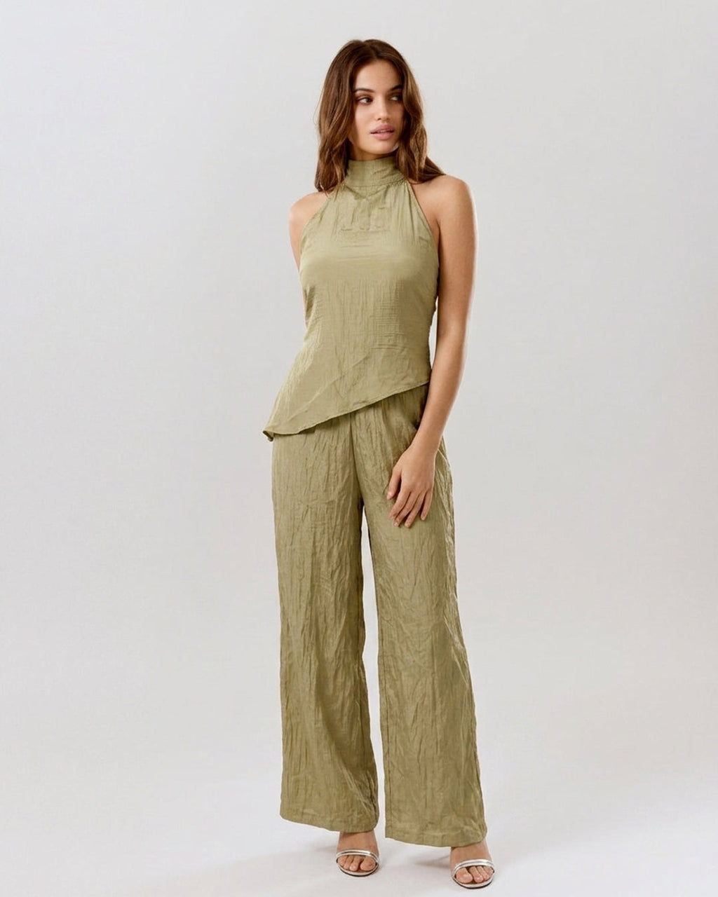 Mock Neck Asymmetric Top and Wide Leg Trousers Co-Ord Set in Olive Green