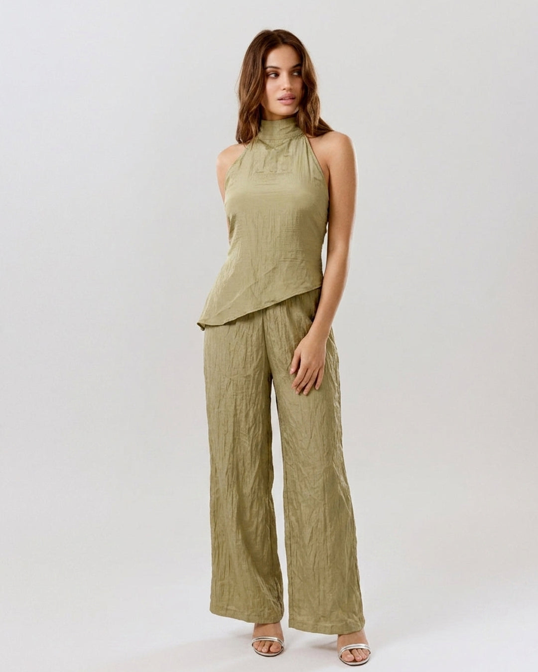 Mock Neck Asymmetric Top and Wide Leg Trousers Co-Ord Set in Olive Green