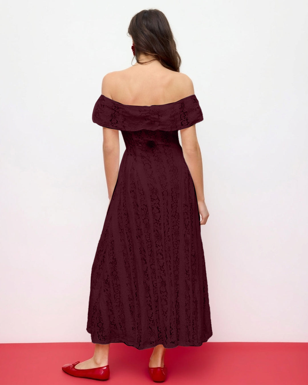 Bonus Cloth's Off Shoulder Lace Midi Dress in Wine Maroon