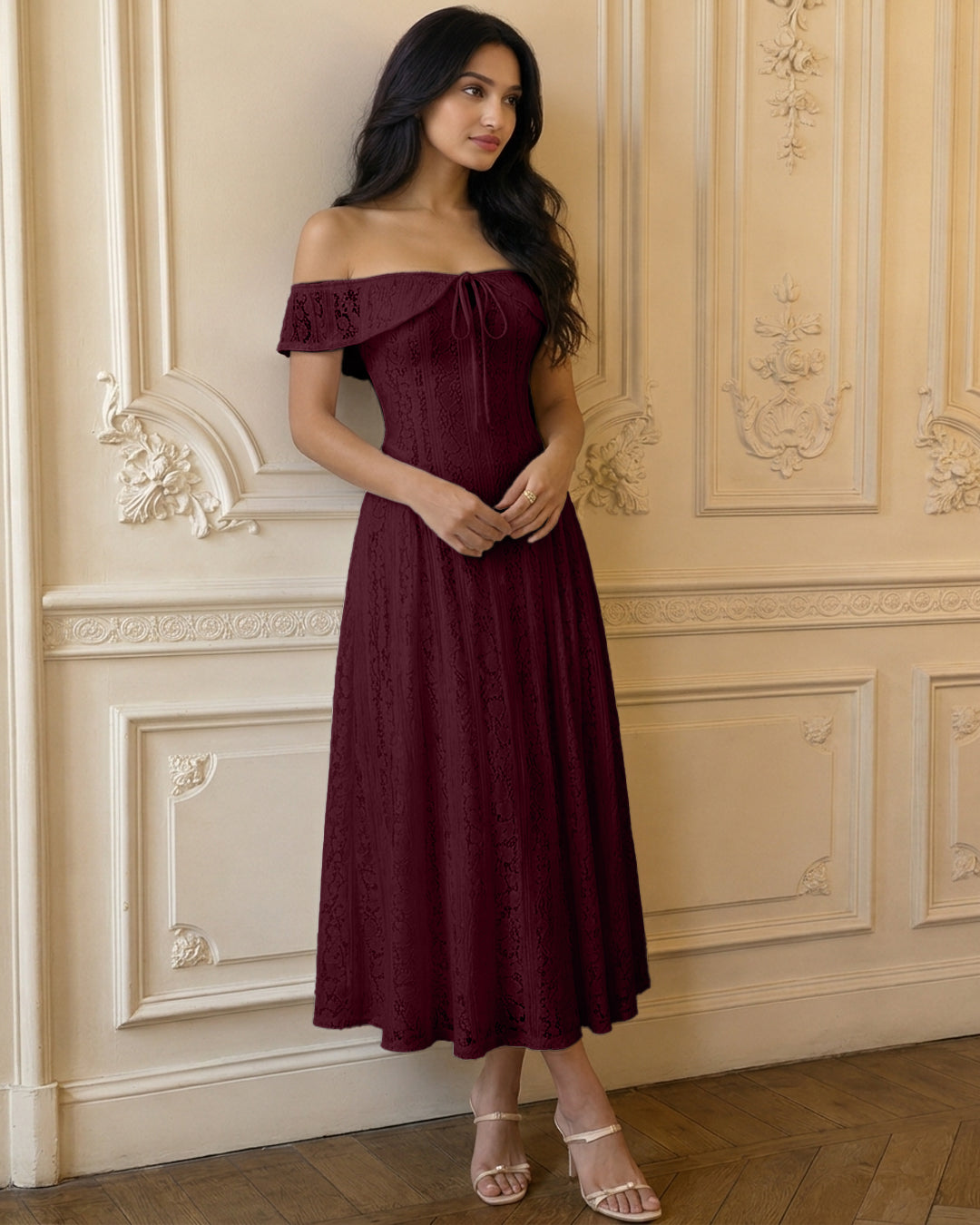Bonus Cloth's Off Shoulder Lace Midi Dress in Wine Maroon
