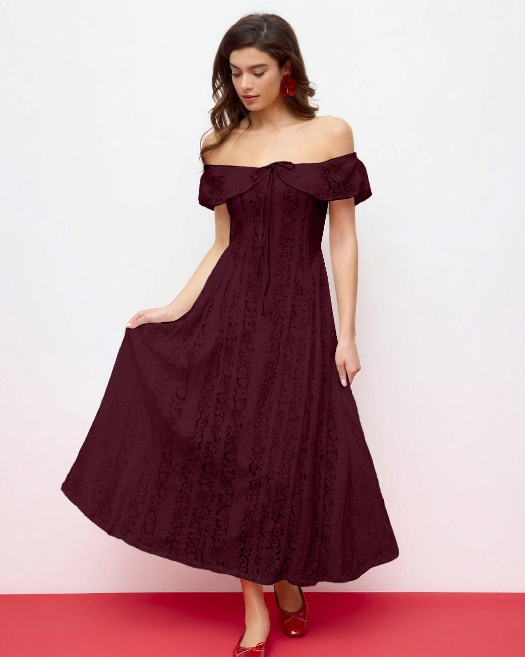 Bonus Cloth's Off Shoulder Lace Midi Dress in Wine Maroon