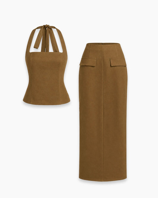 Bonus Cloth's Halter Neck Top and Maxi Skirt Co-Ord Set in Tan Brown