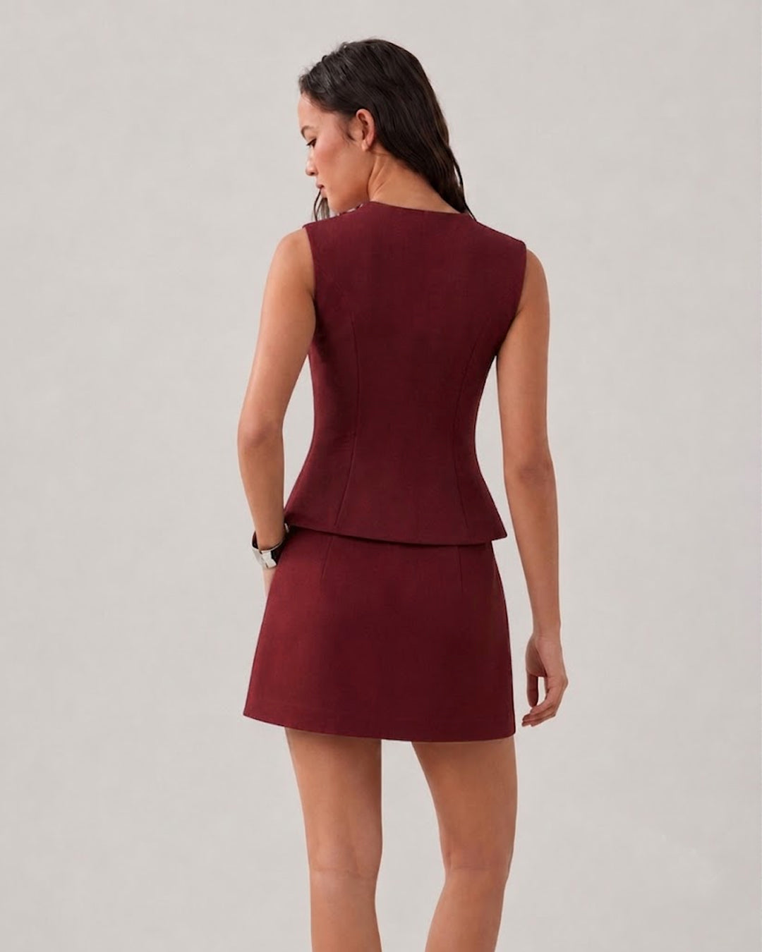 Bonus Cloth's Button Down Vest Top and Mini Skirt Co-Ord Set in Burgundy