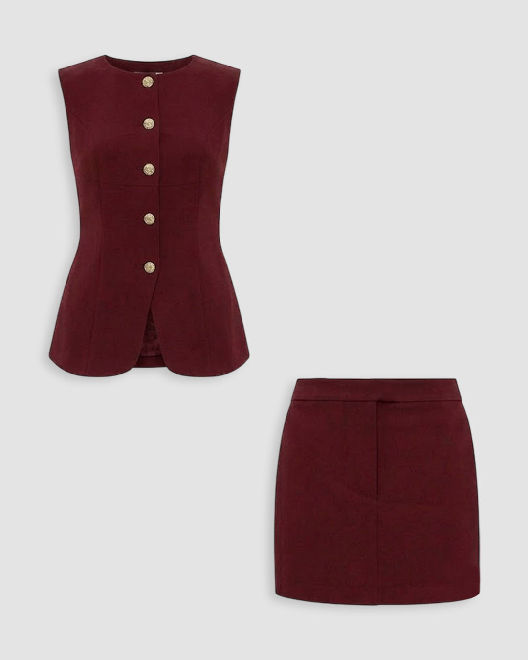 Bonus Cloth's Button Down Vest Top and Mini Skirt Co-Ord Set in Burgundy