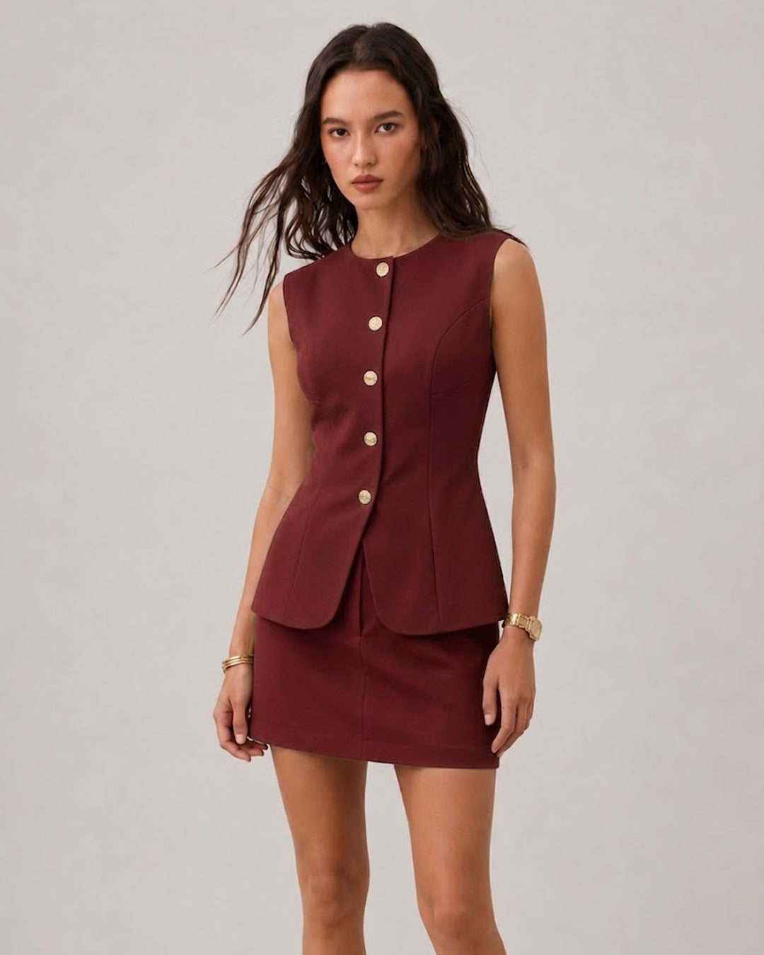 Bonus Cloth's Button Down Vest Top and Mini Skirt Co-Ord Set in Burgundy