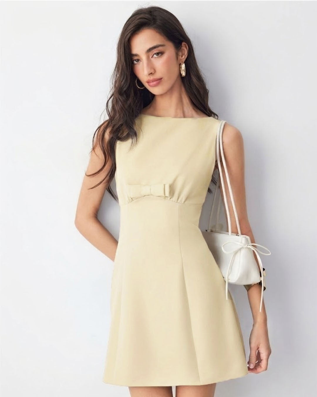 Bow Detail Fitted Mini Dress in Cream