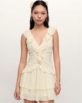 Ruffle Trim Ruched Mini Dress in Cream