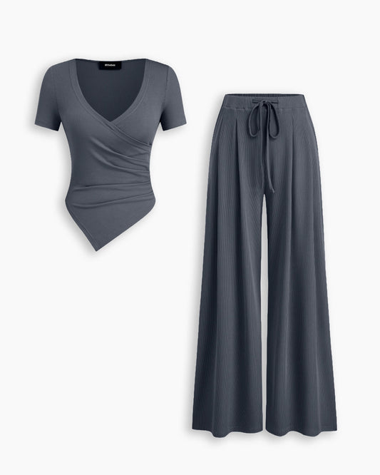 Bonus Cloth's Wrap Asymmetric Top and Wide Leg Trousers Co-Ord Set in Dark Grey