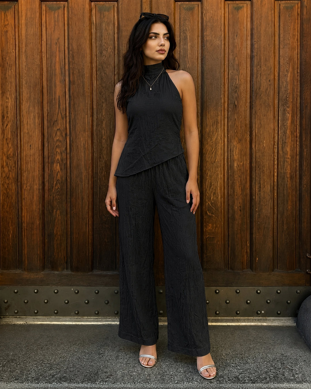 Mock Neck Asymmetric Top and Wide Leg Trousers Co-Ord Set in Soft Black