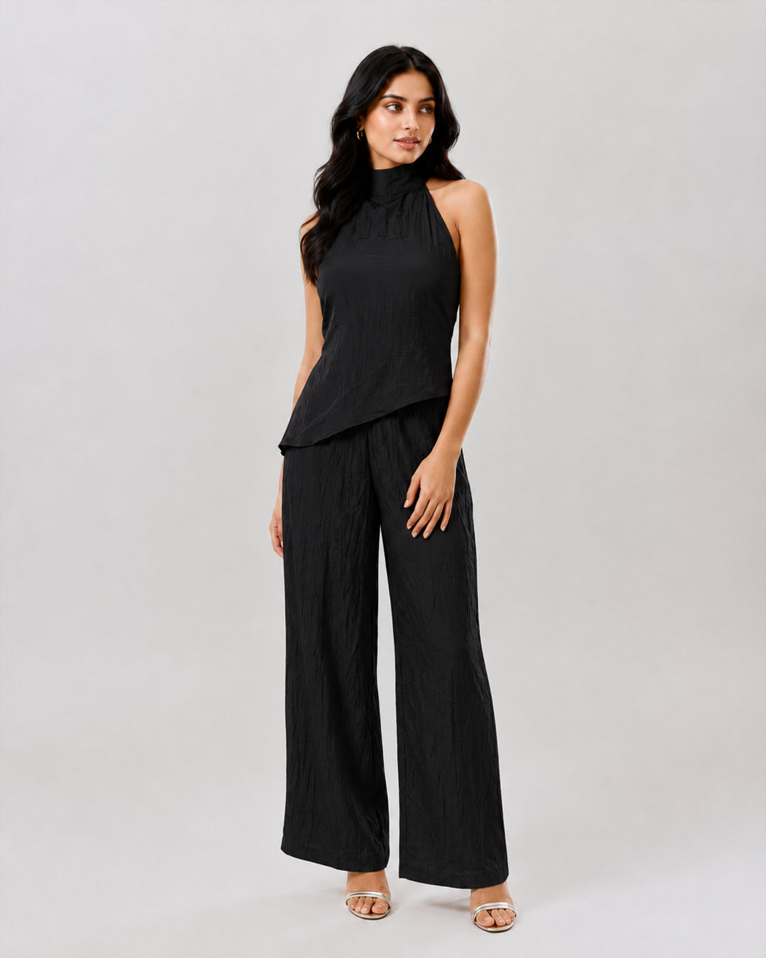 Mock Neck Asymmetric Top and Wide Leg Trousers Co-Ord Set in Soft Black