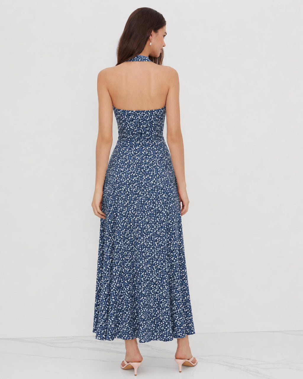 Floral Halter Maxi Dress in Denim Blue