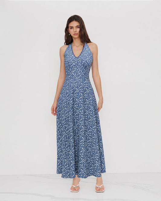 Bonus Cloth's Floral Halter Maxi Dress in Denim Blue