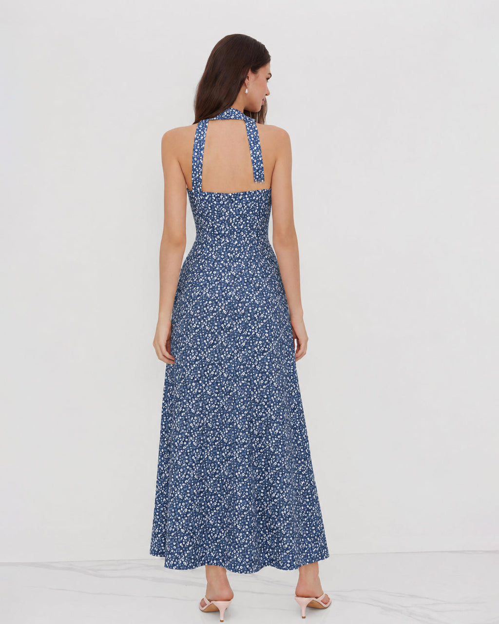 Floral Halter Maxi Dress in Denim Blue
