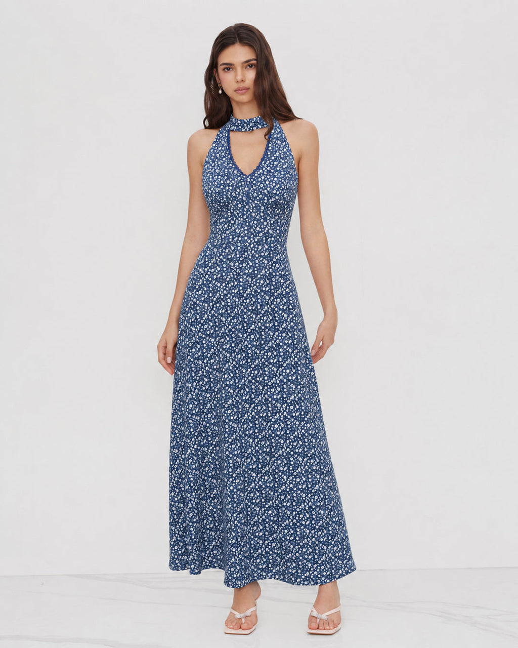 Floral Halter Maxi Dress in Denim Blue