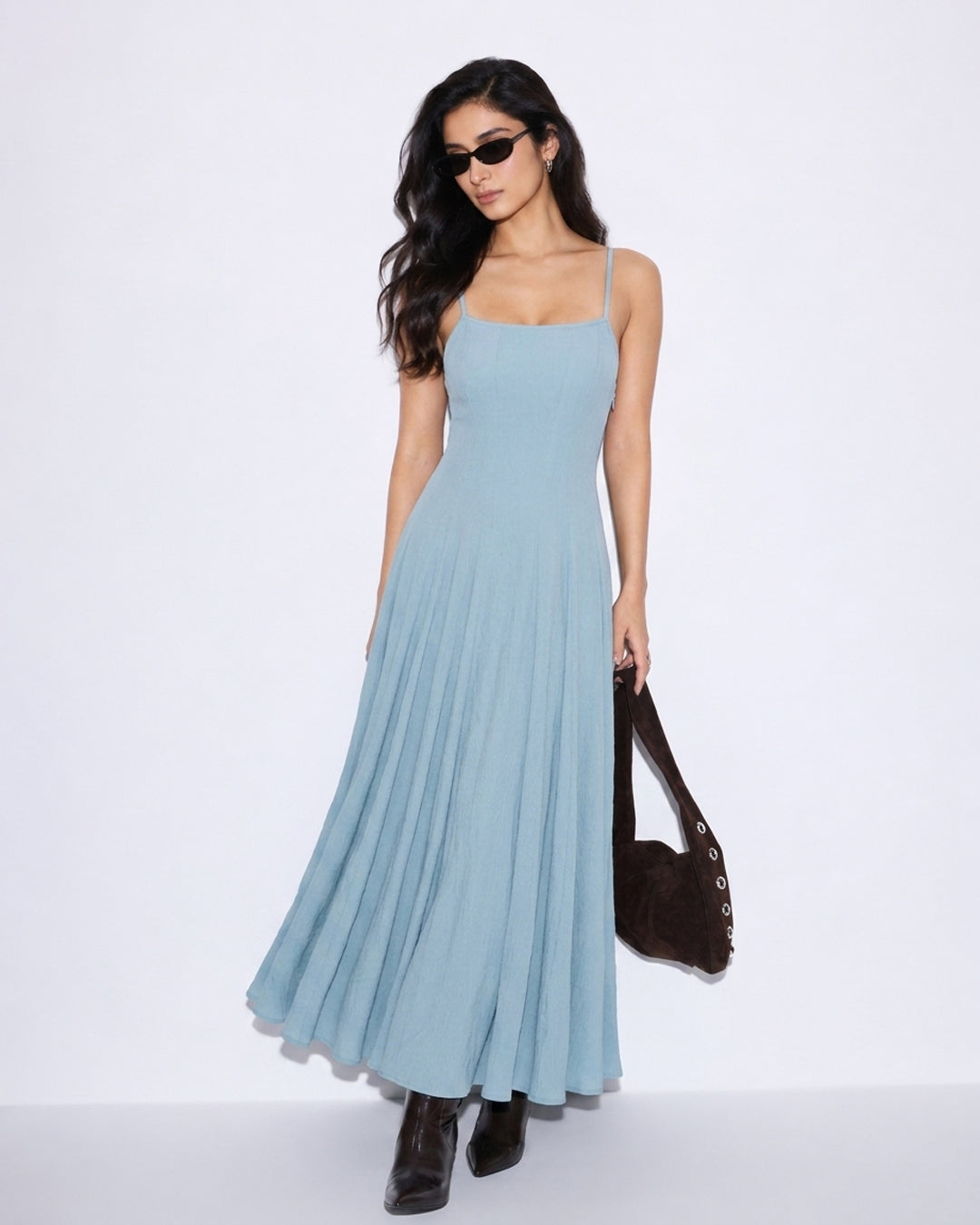 Square Neck Fit and Flare Maxi Dress in Baby Blue
