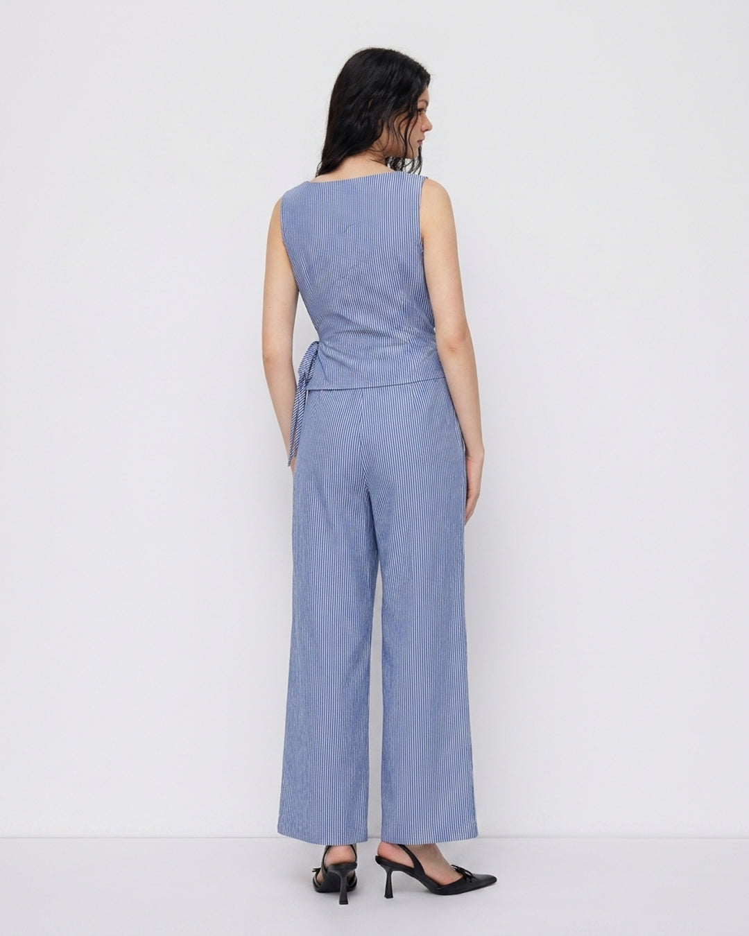 Striped Wrap Top and Wide Leg Trouser Co-Ord Set in Powder Blue
