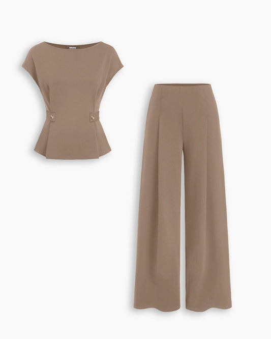 Bonus Cloth's Cap Sleeve Buckle Detail Top and Wide Leg Trousers Co-ord Set in Mocha Brown
