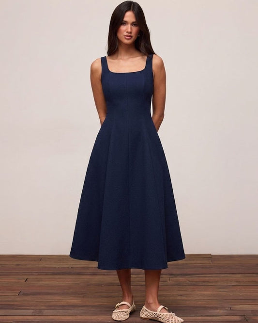 Bonus Cloth's Square Neck Fit and Flare Midi Dress in Navy Blue