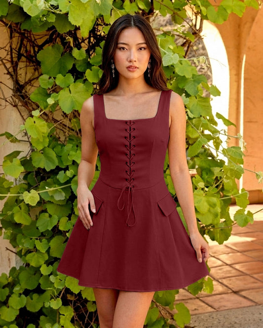 Bonus Cloth's Corset Detail Fit and Flare Mini Dress in Burgundy