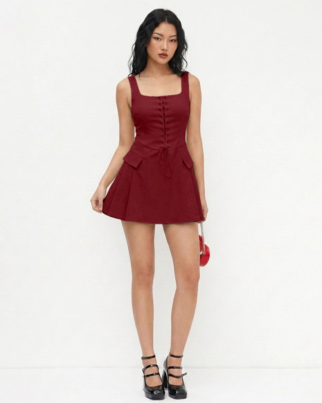 Corset Detail Fit and Flare Mini Dress in Burgundy