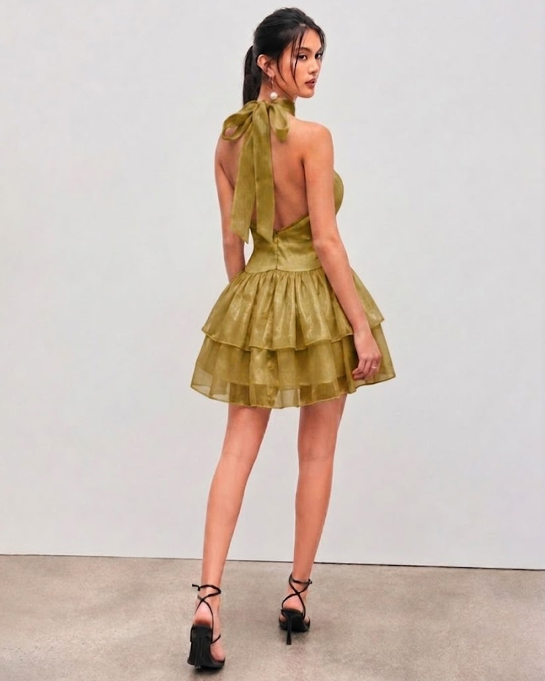 Tiered Halter Neck Mini Dress in Dark Gold