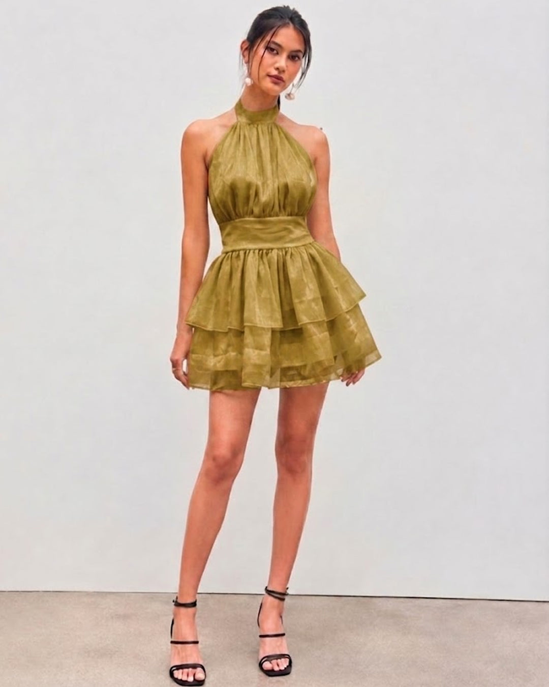 Tiered Halter Neck Mini Dress in Dark Gold