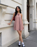 Floral Detail Halter Mini Dress in Dusty Pink
