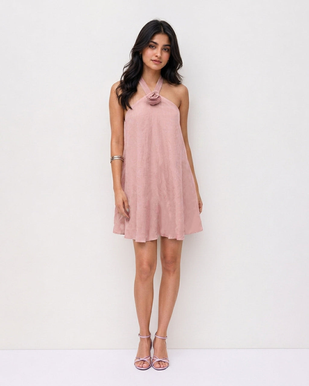 Floral Detail Halter Mini Dress in Dusty Pink