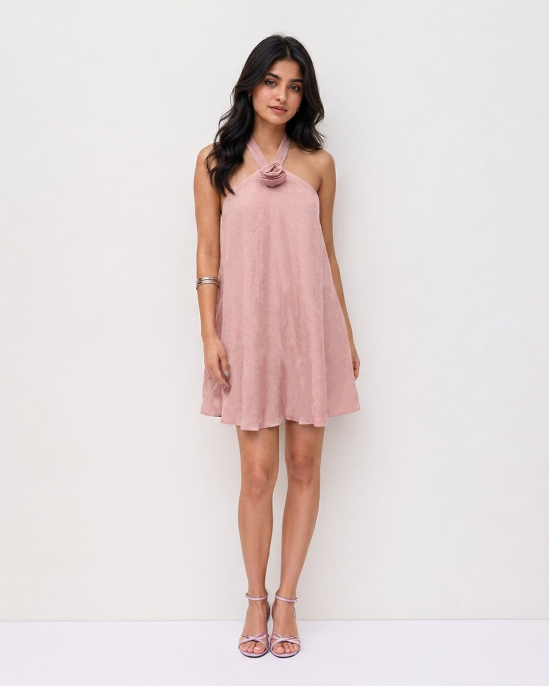 Floral Detail Halter Mini Dress in Dusty Pink