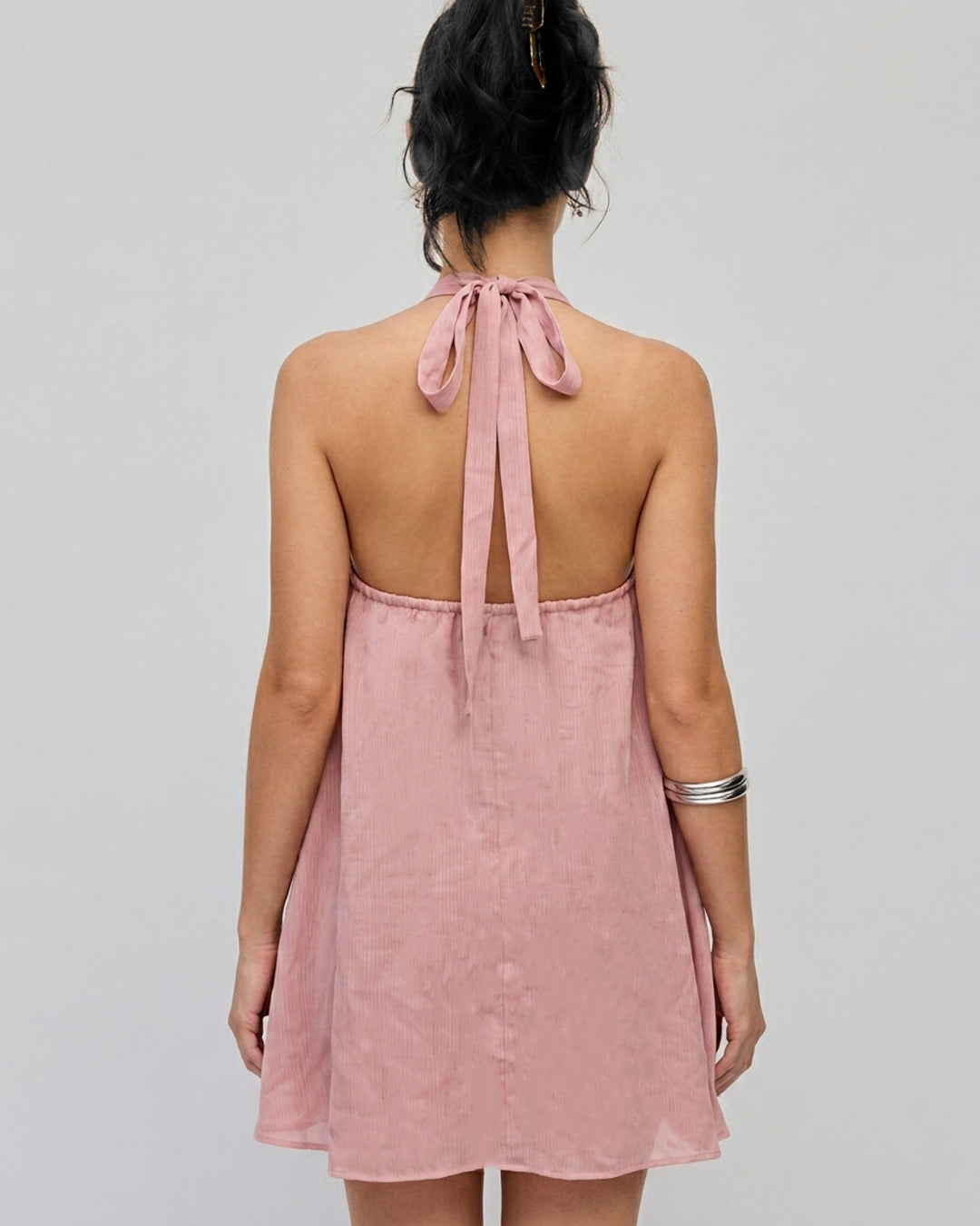 Floral Detail Halter Mini Dress in Dusty Pink