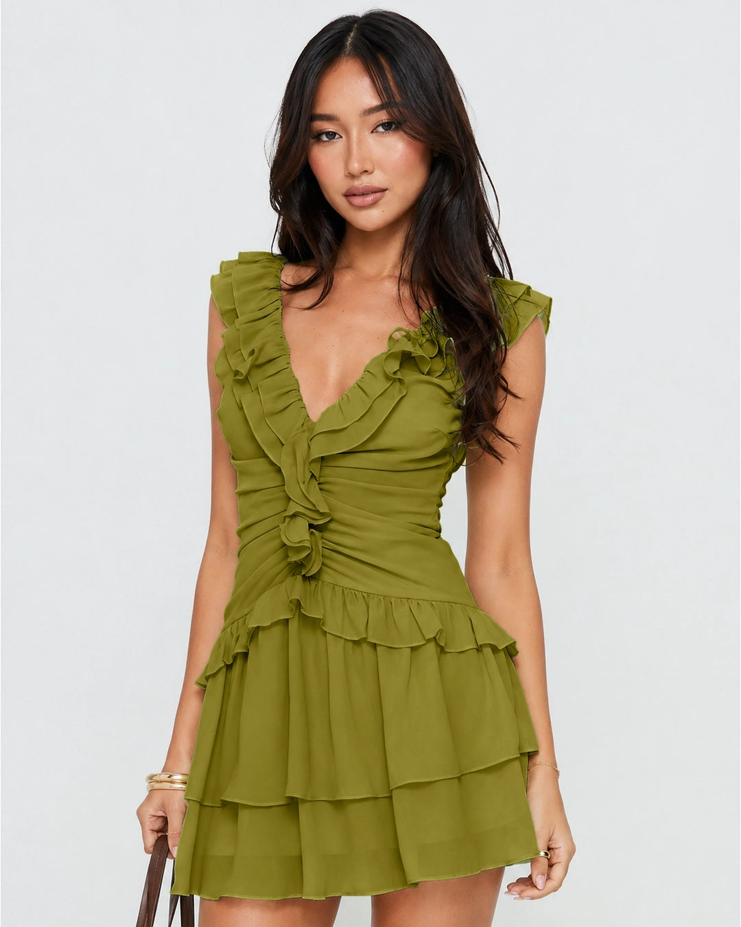 Ruffle Trim Ruched Mini Dress in Dark Citron
