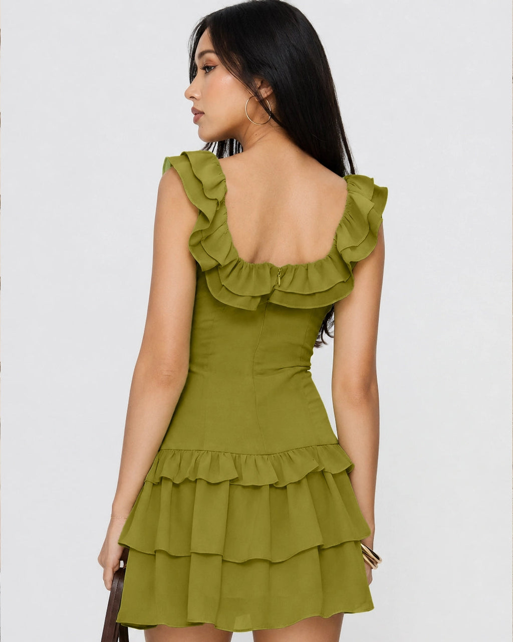 Ruffle Trim Ruched Mini Dress in Dark Citron