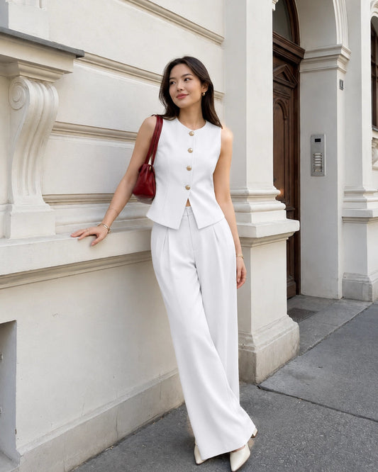 Bonus Cloth's Sleeveless Golden Buttons Top And Flowy Wide-Leg Pants Set in Classic White