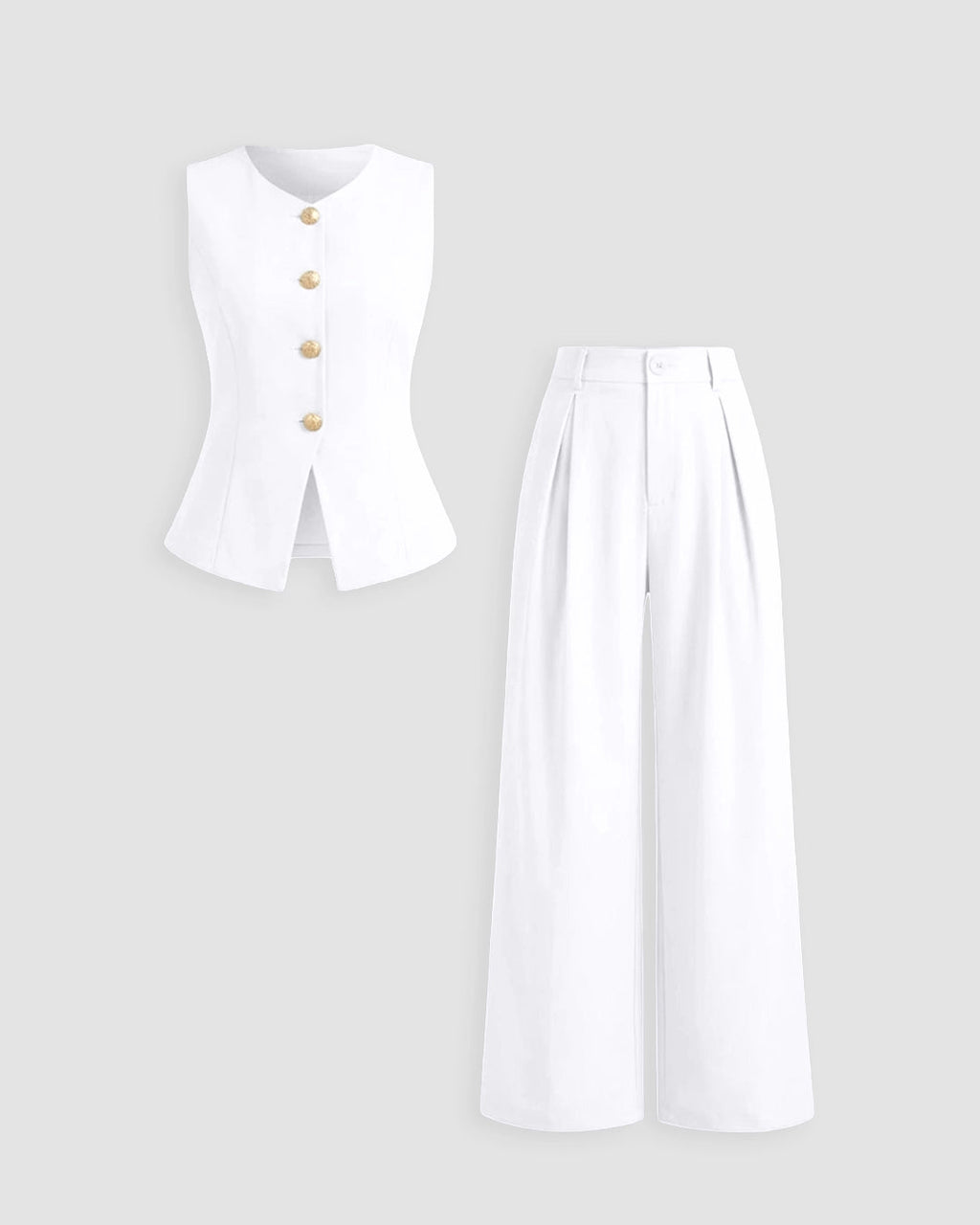 Sleeveless Golden Buttons Top And Flowy Wide-Leg Pants Set in Classic White