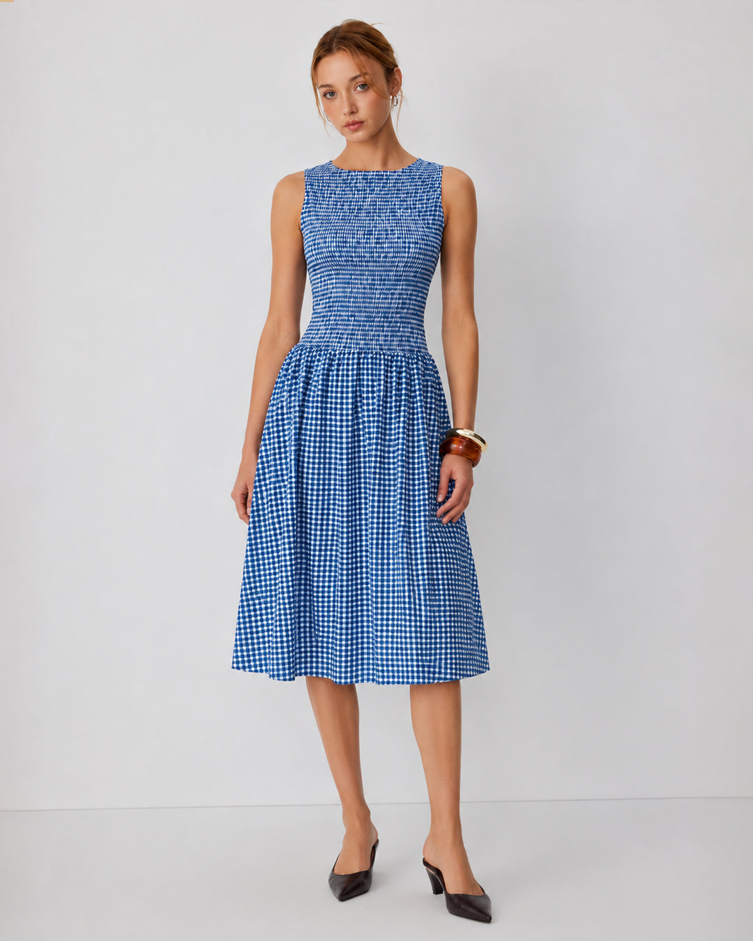 Sleeveless Smocked Striped Midi Dress in Blue