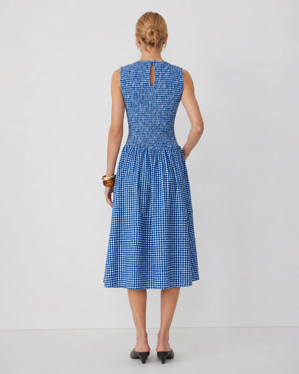 Sleeveless Smocked Striped Midi Dress in Blue