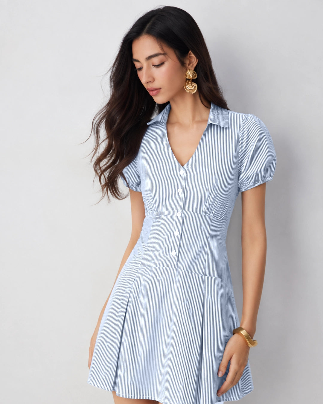 Striped Collared Puff Sleeve Button Down Mini Dress in Powder Blue