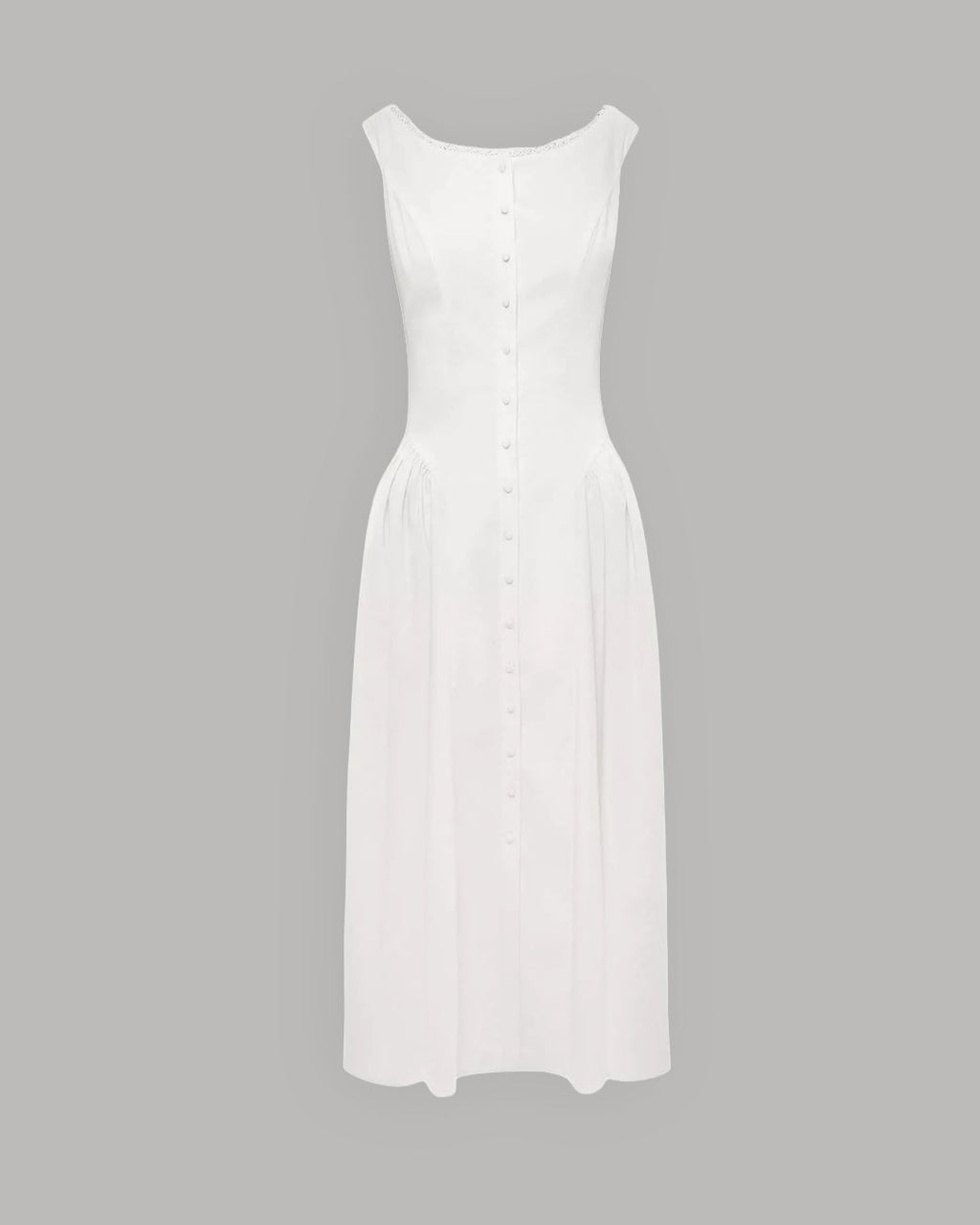 Button Front Sleeveless Fit and Flare Midi Dress in Classic White