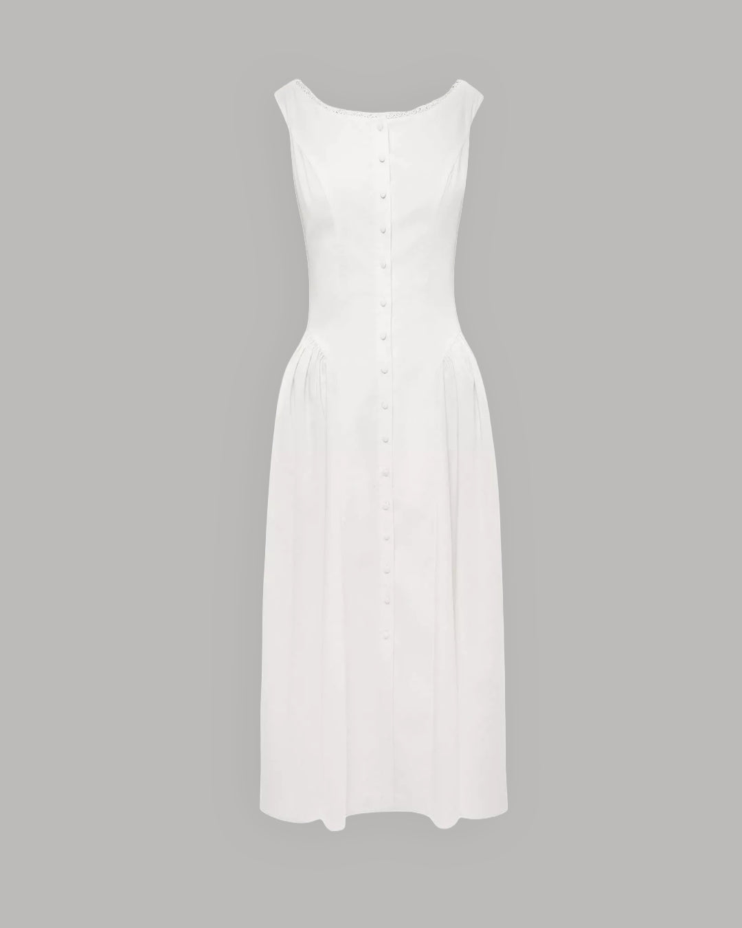 Button Front Sleeveless Fit and Flare Midi Dress in Classic White