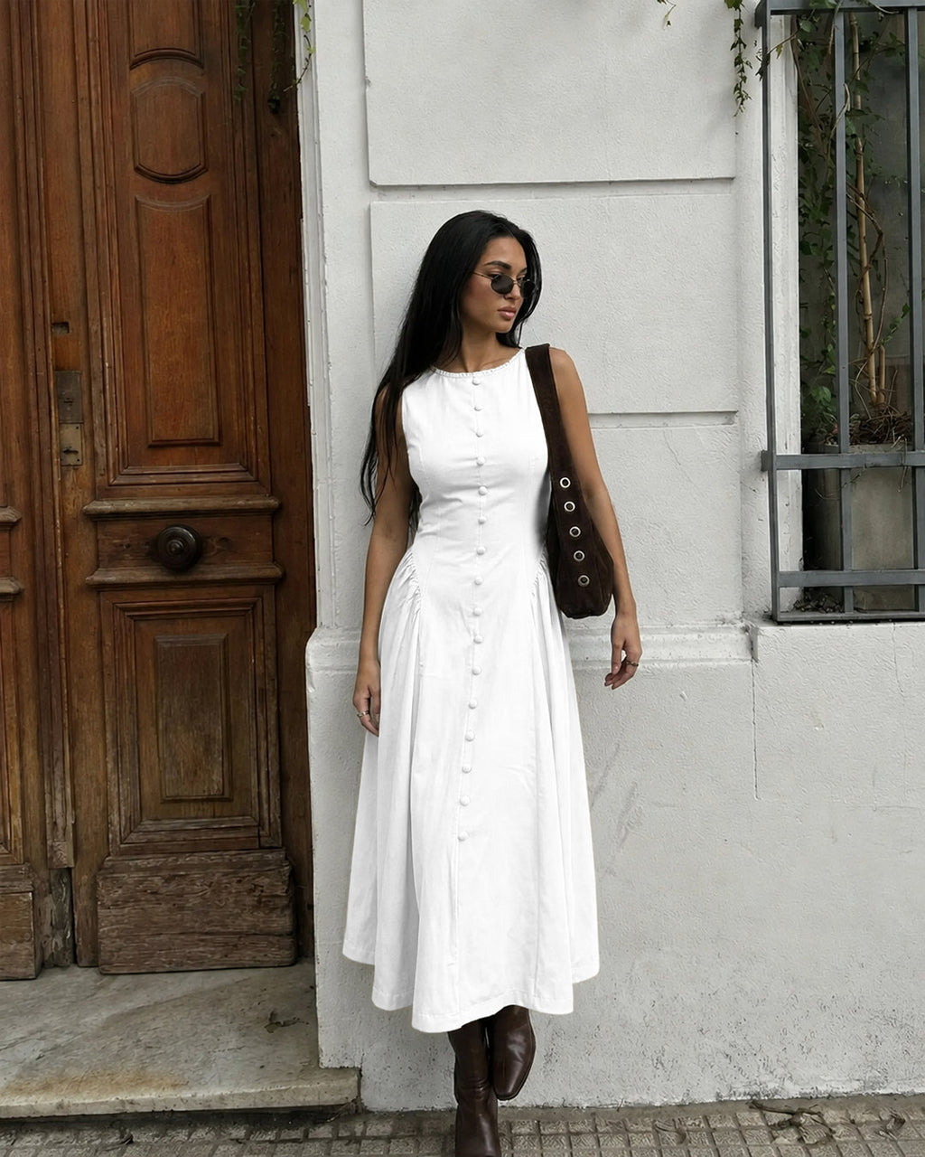 Button Front Sleeveless Fit and Flare Midi Dress in Classic White