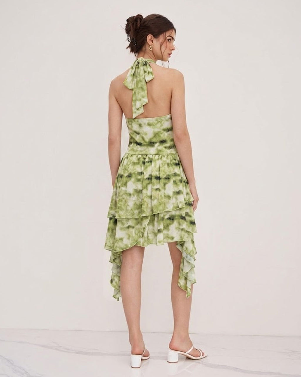 Ruched Halter Asymmetrical Dress in Olive Green