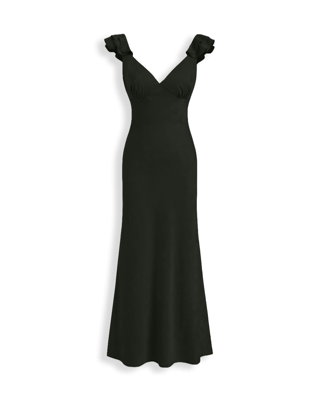 Ruffled V Neck Jacquard Midi Dress in Dark Green